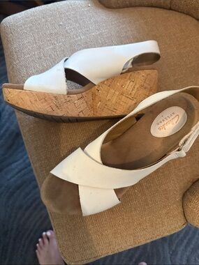 Clarks White Leather Cork Wedge Sandals
